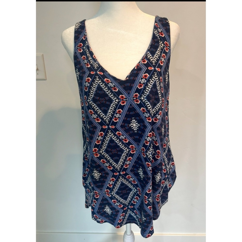 Lemon Tart Womens Tank Top L Blue Geometric Print V Neck Sleeveless